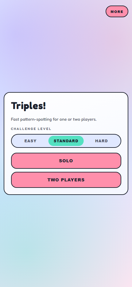 Triples main menu showing Solo and Two Players